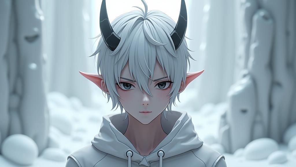 Anime-Style Wight Demon with Horns and Platinum Hair