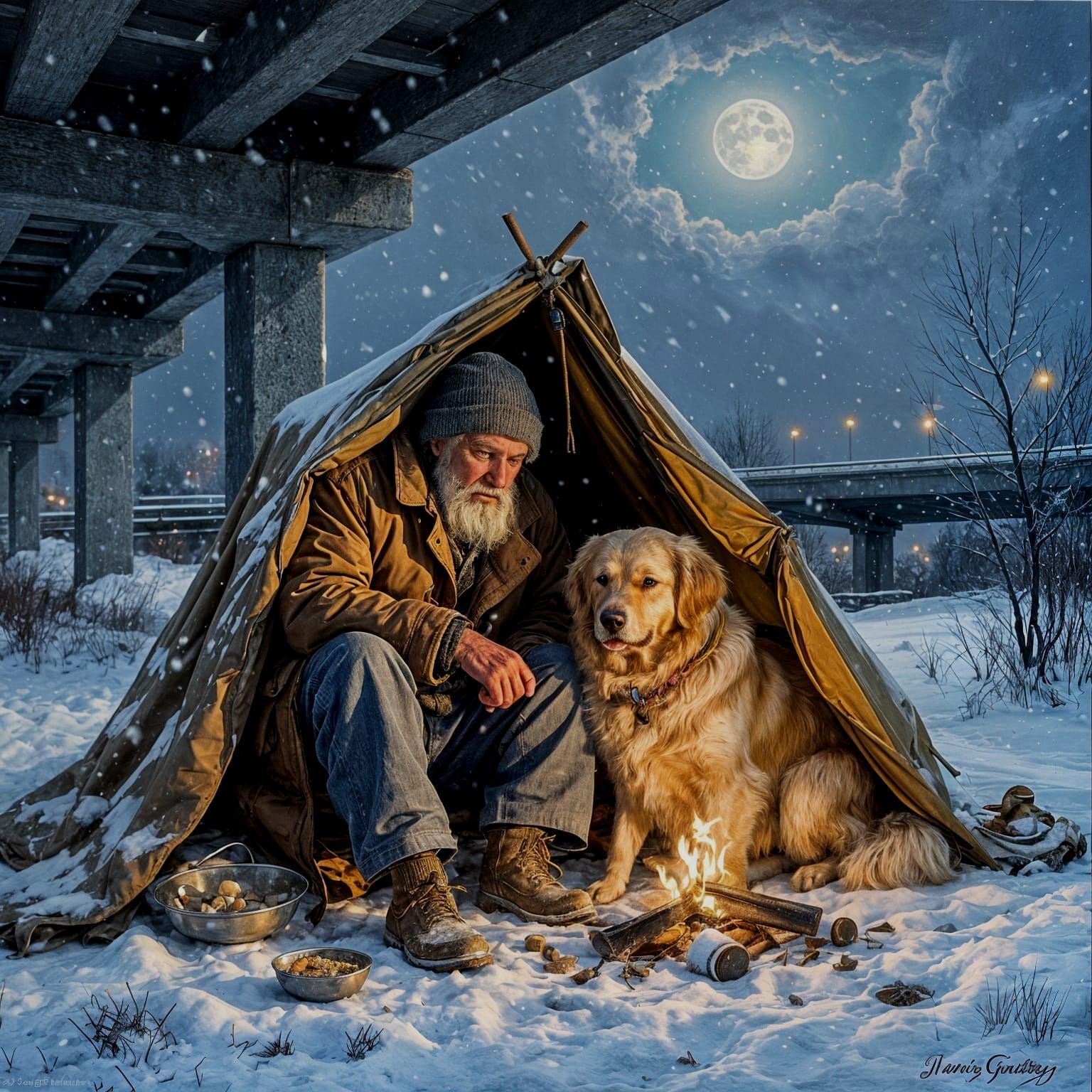 Homeless Man and Dog Huddle Under Overpass in Snow