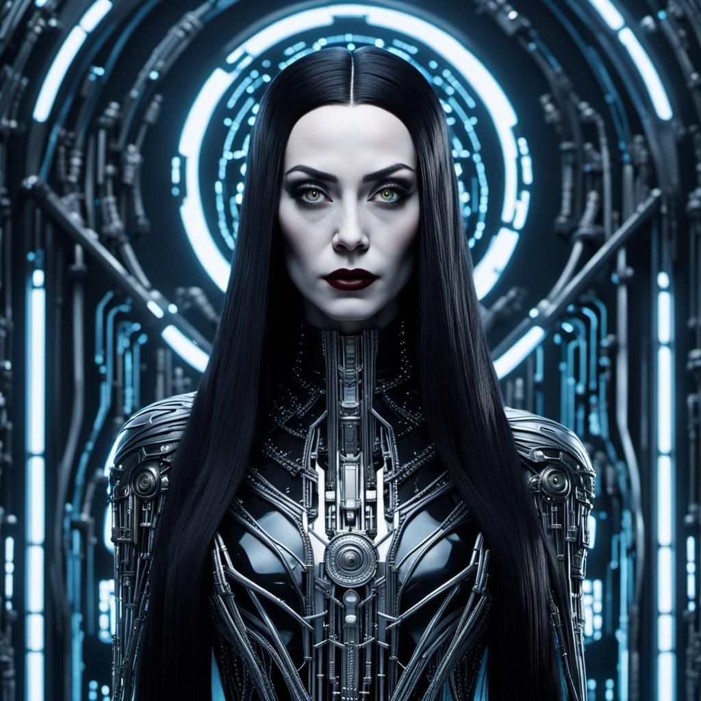 Morticia Addams as a Cyborg in Dark Futuristic Setting