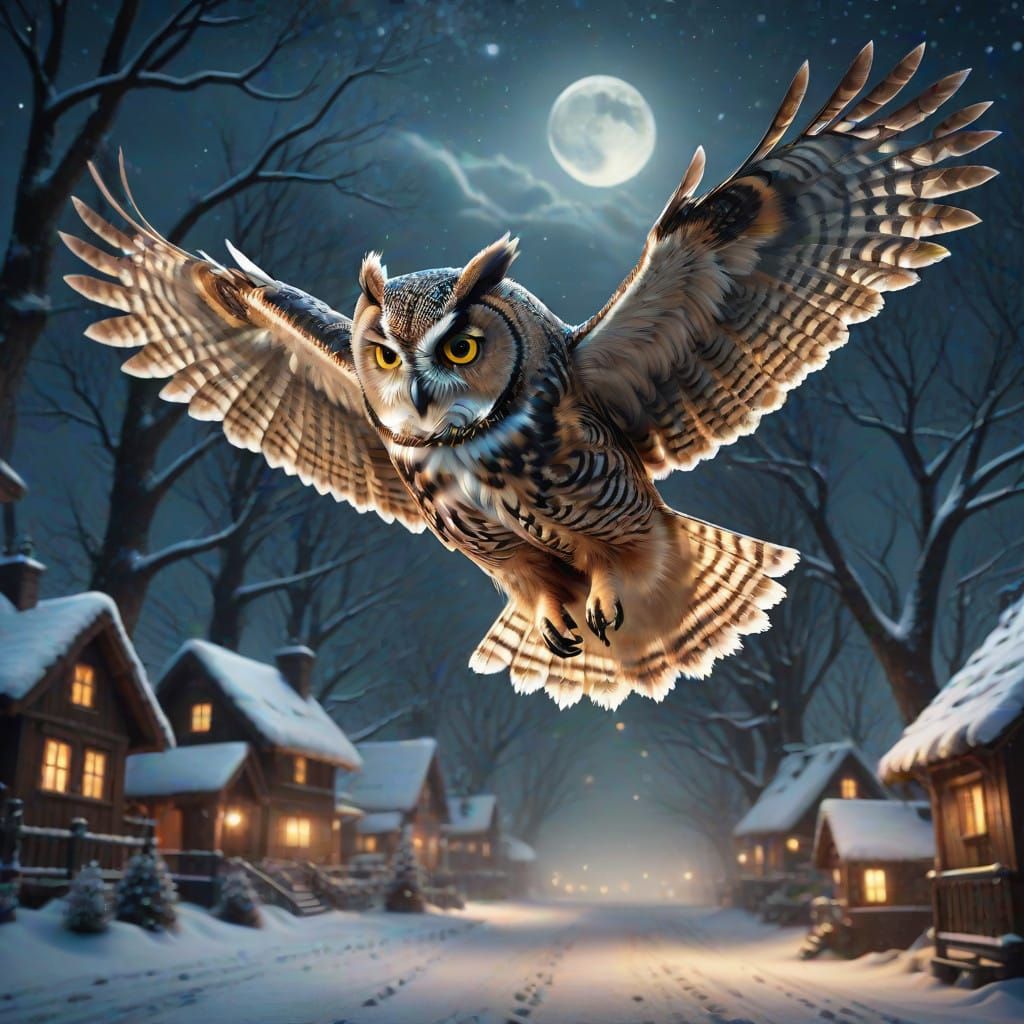 Epic Cinematic Hoot Owl in Flight on a Winter's Night