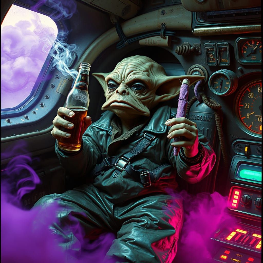 Cosmic Outlaw Dwarf Alien in Sci-Fi Spacecraft in Retro-Futu...