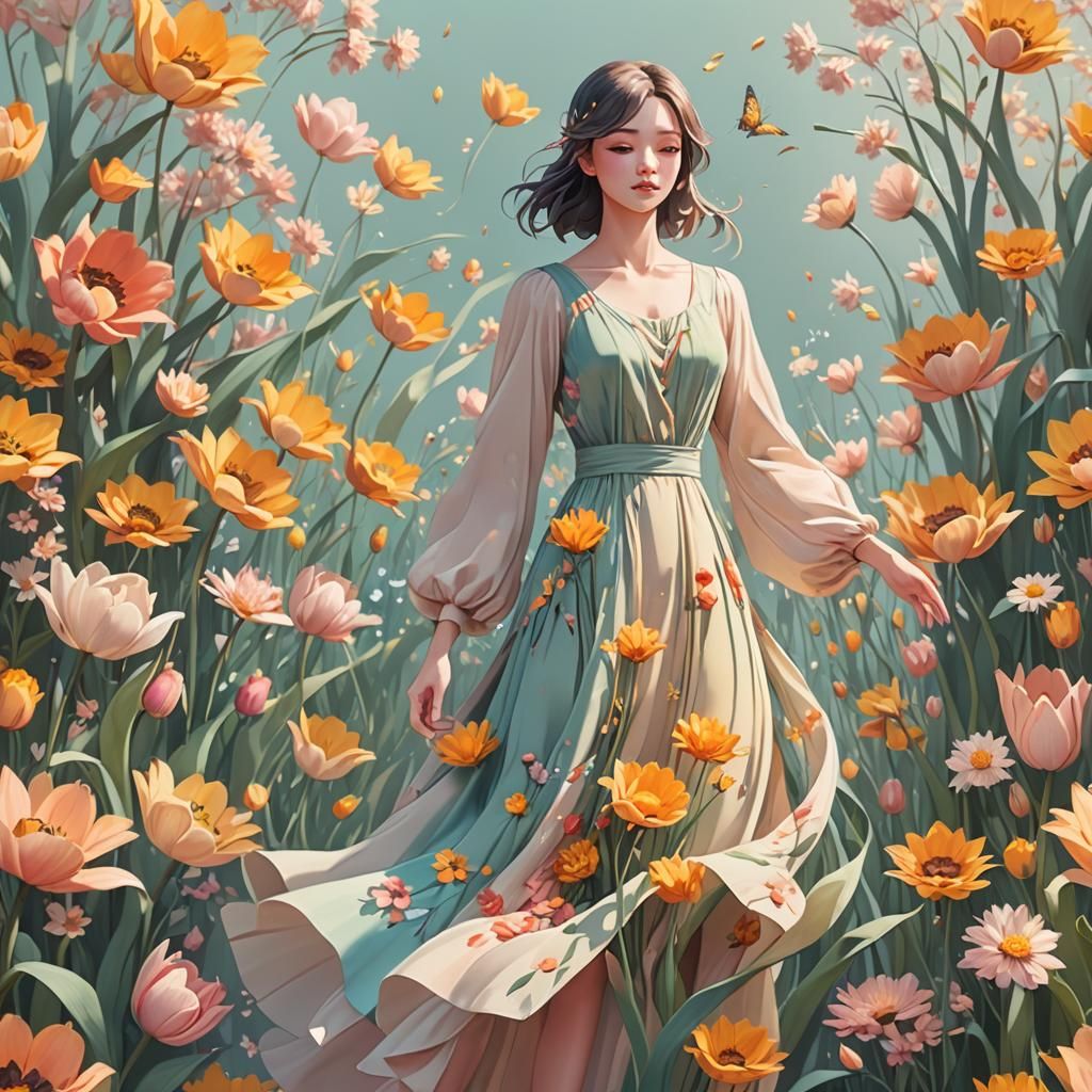 Girl in Four Seasons Flower Garden, 3D Anime Art