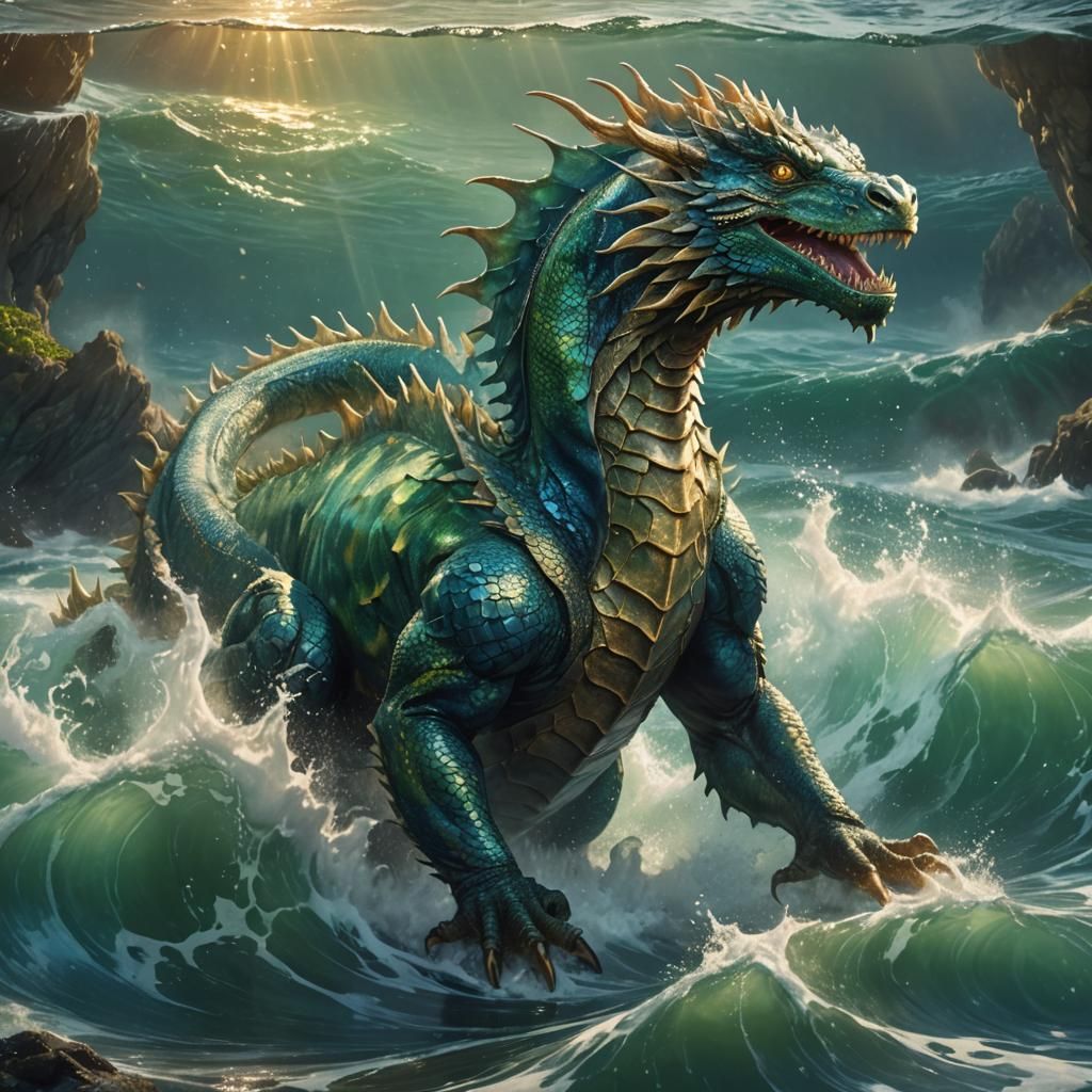 Majestic Water Dragon Walks Through the Ocean