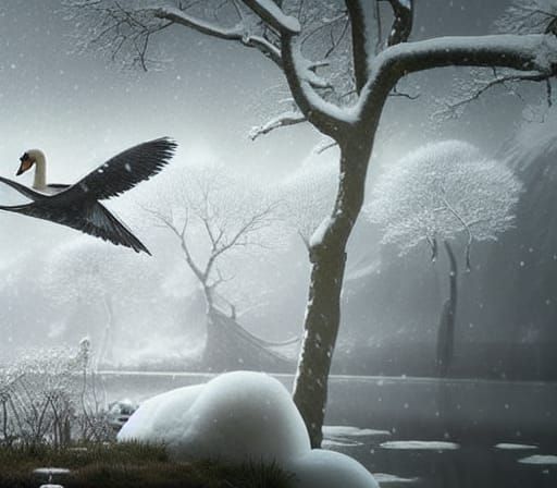 Swan in Winter Landscape Digital Painting
