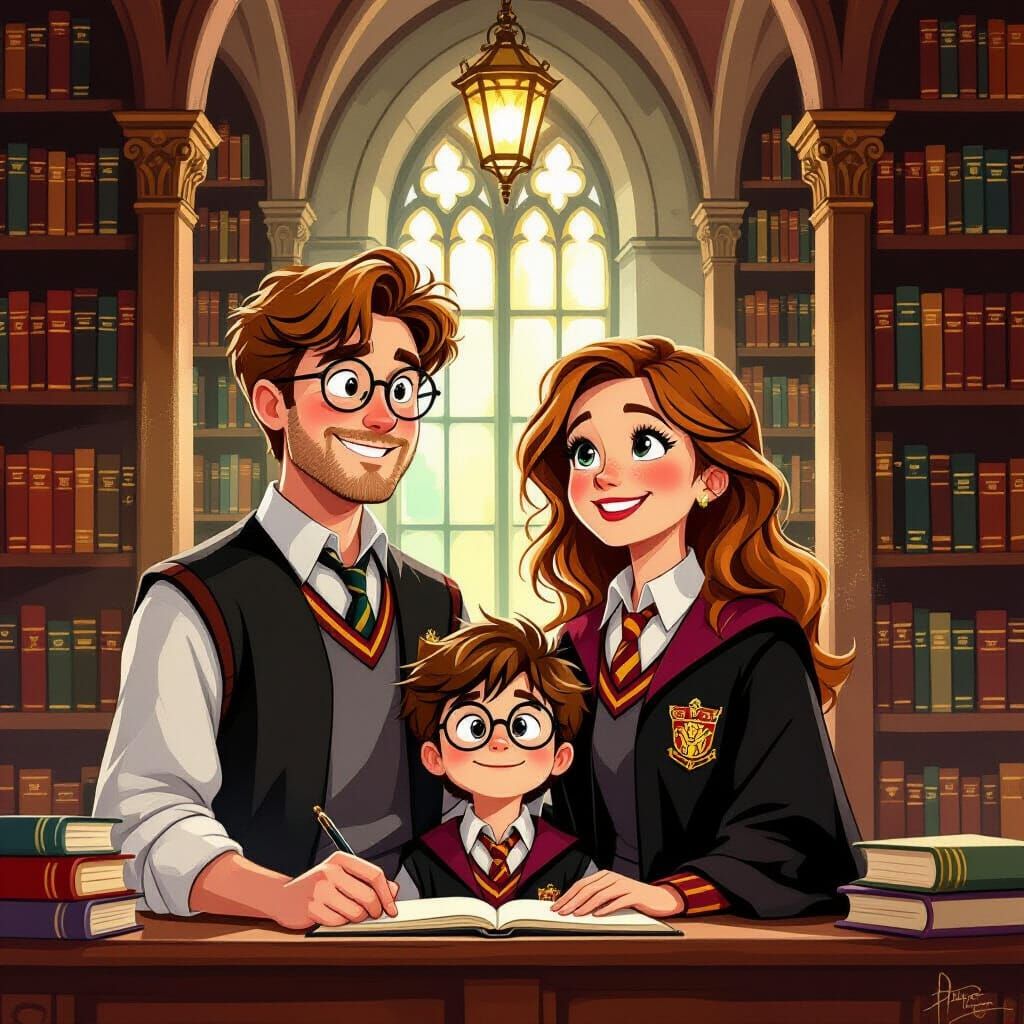 Happy Family in Castle Library