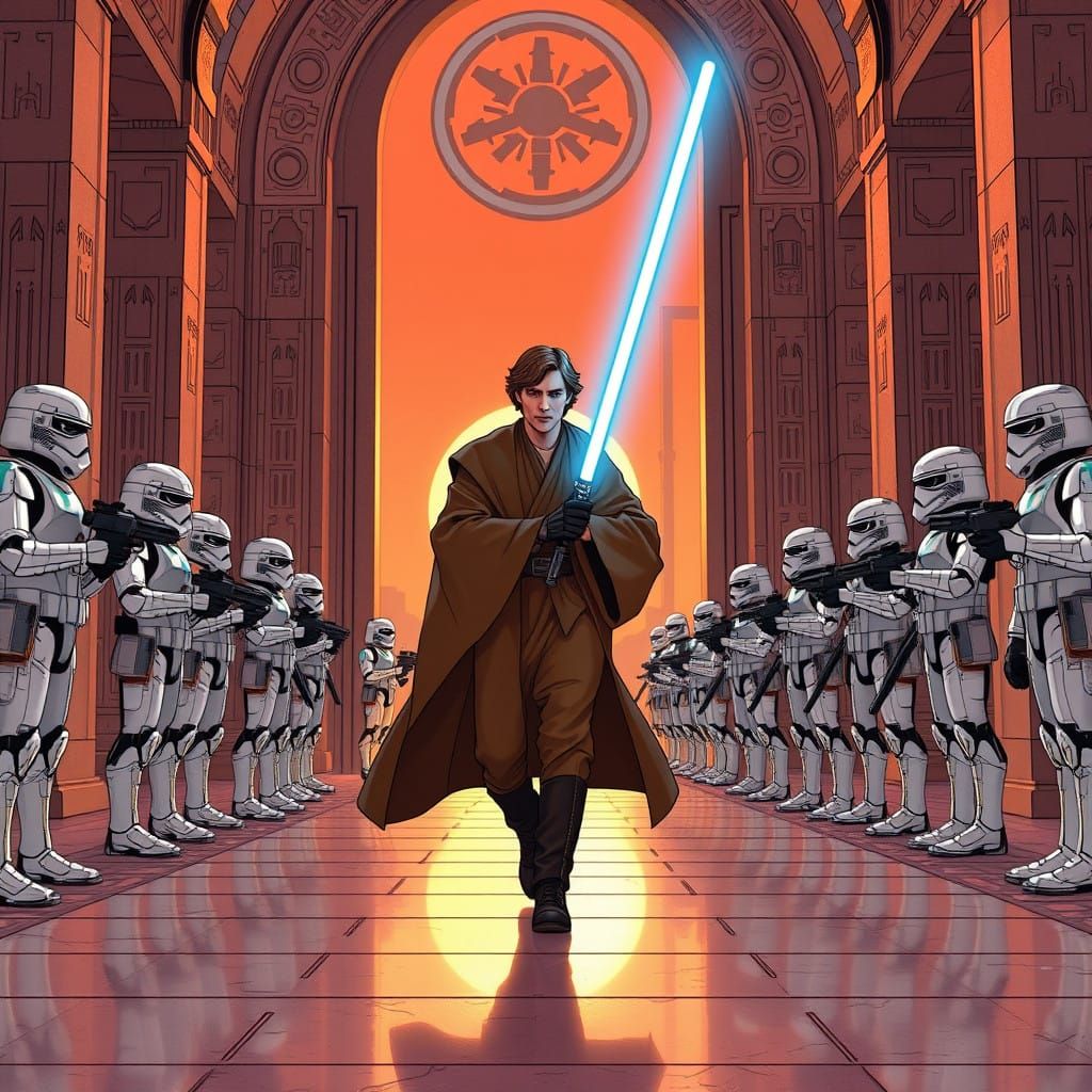 Jedi Anakin Skywalker Enters Temple with Clone Troopers