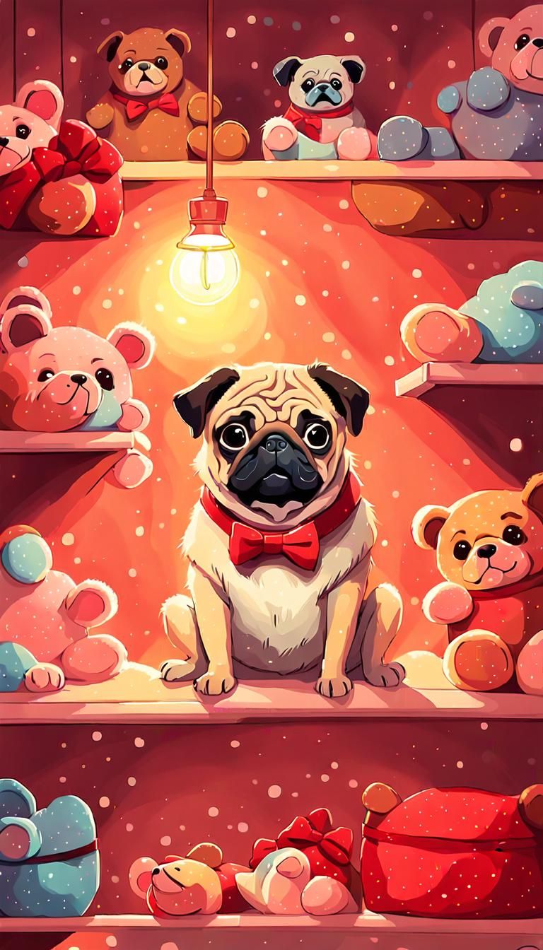 Pug-Teddy Bear in Toy Room: Digital Painting