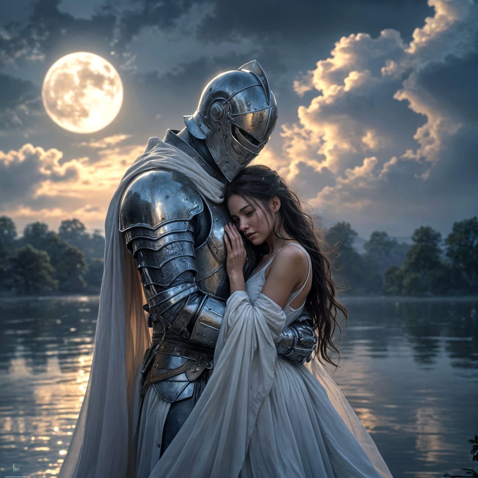 Knight Hugs Crying Girl in Moonlight, Dark Fantasy Style