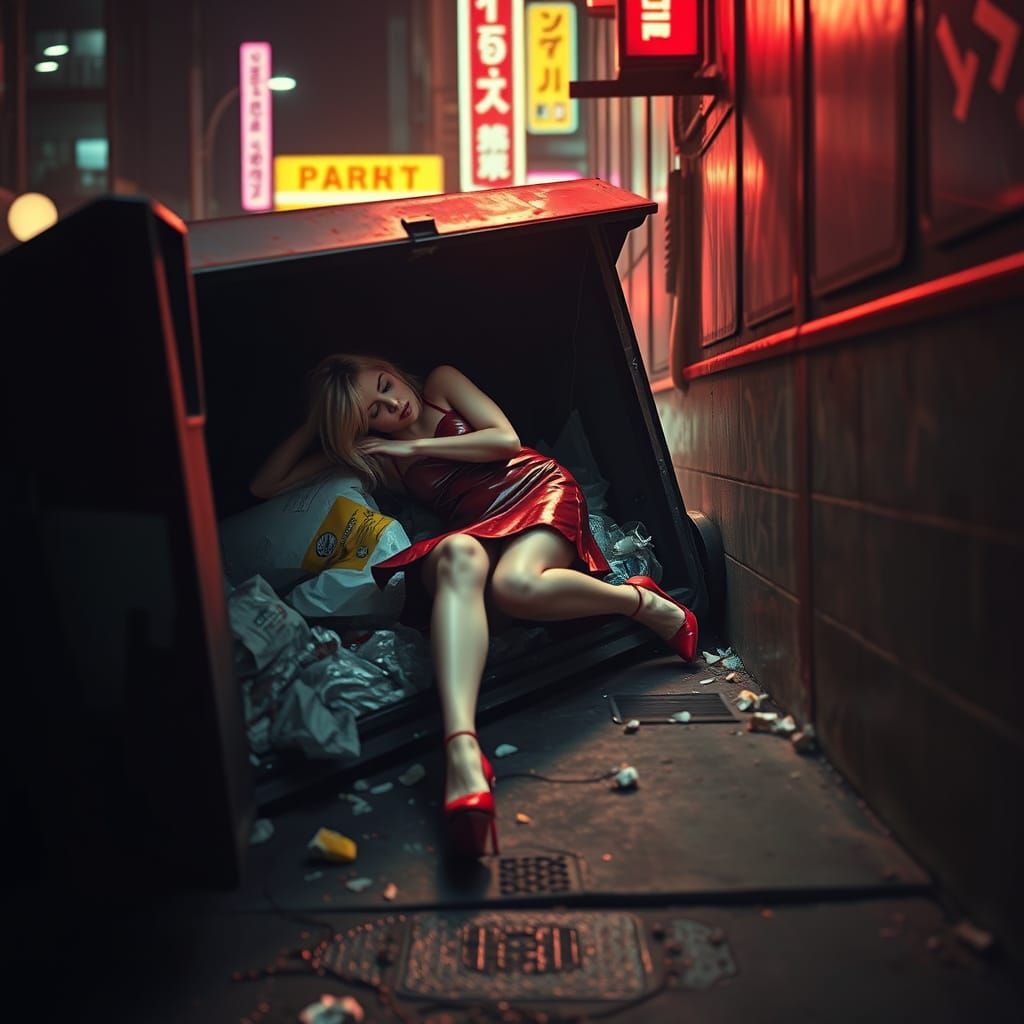Blond Lady Slumbers in Trash Dumpster Amidst City Nightlife