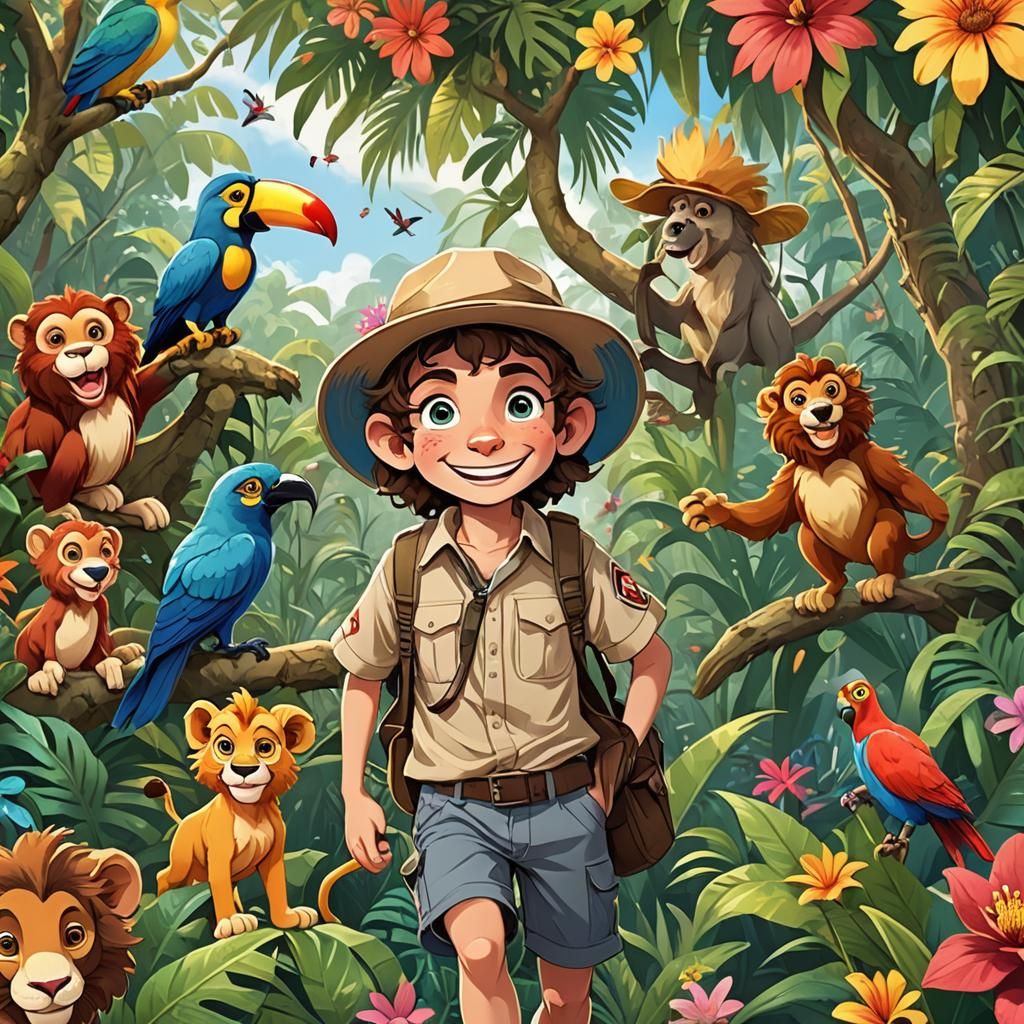 Jungle Adventure: Boy, Monkey, and Lion Illustration