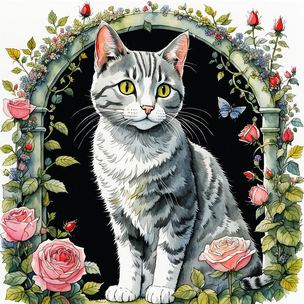 Gray Cat in Rose Garden: Storybook Illustration