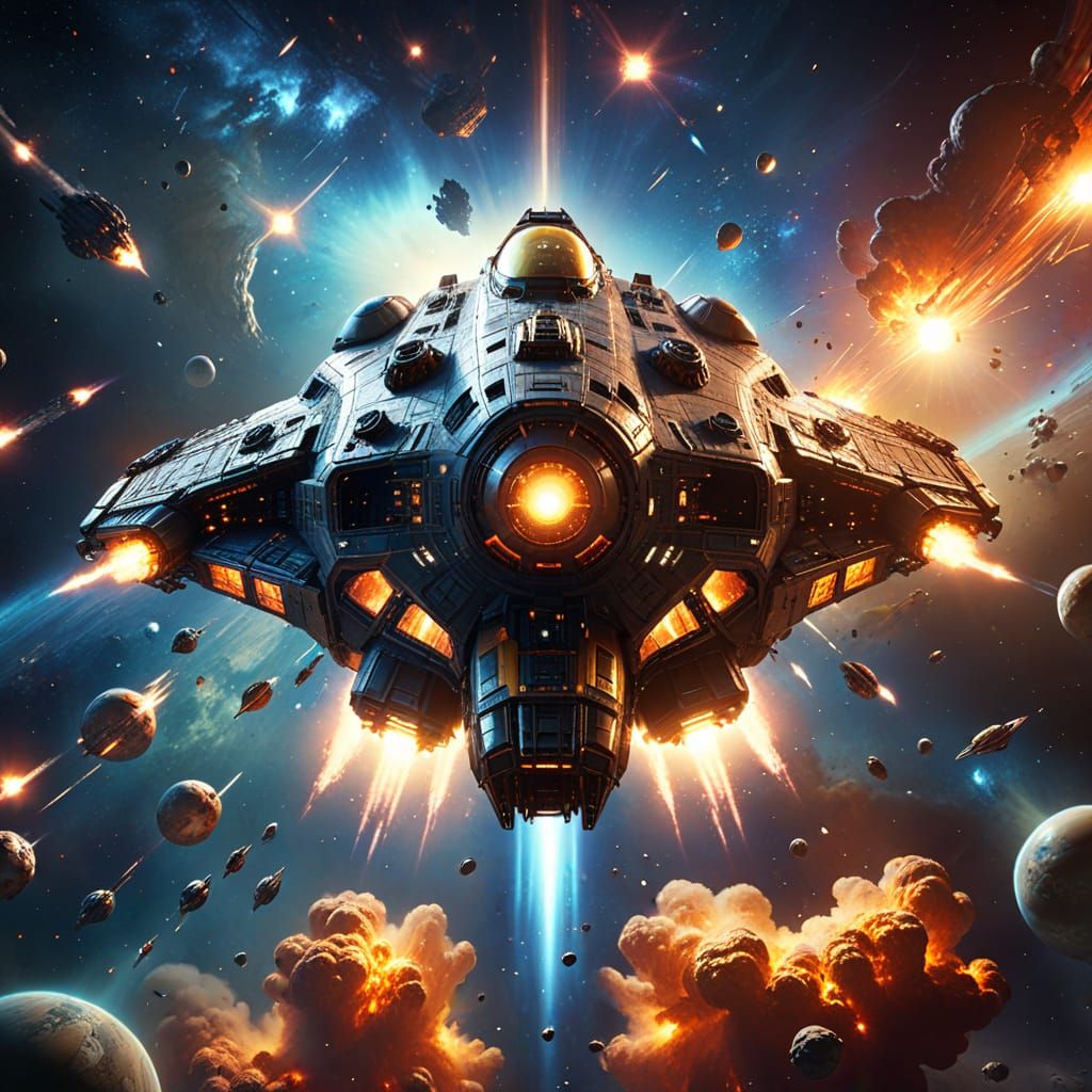 Spaceship Exploring Galaxy in Hyper-Realistic Digital Art