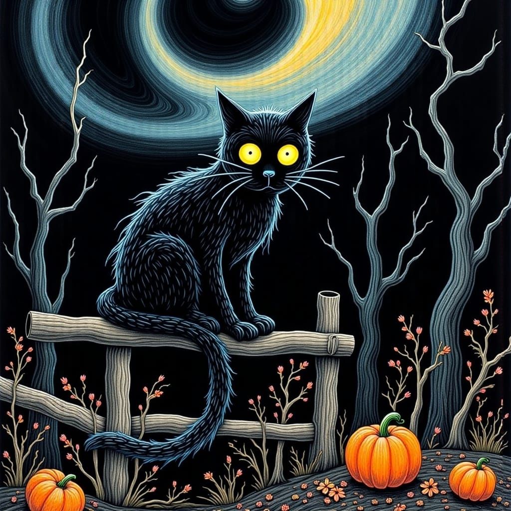 Eerie Black Cat in Mystical Halloween Landscape
