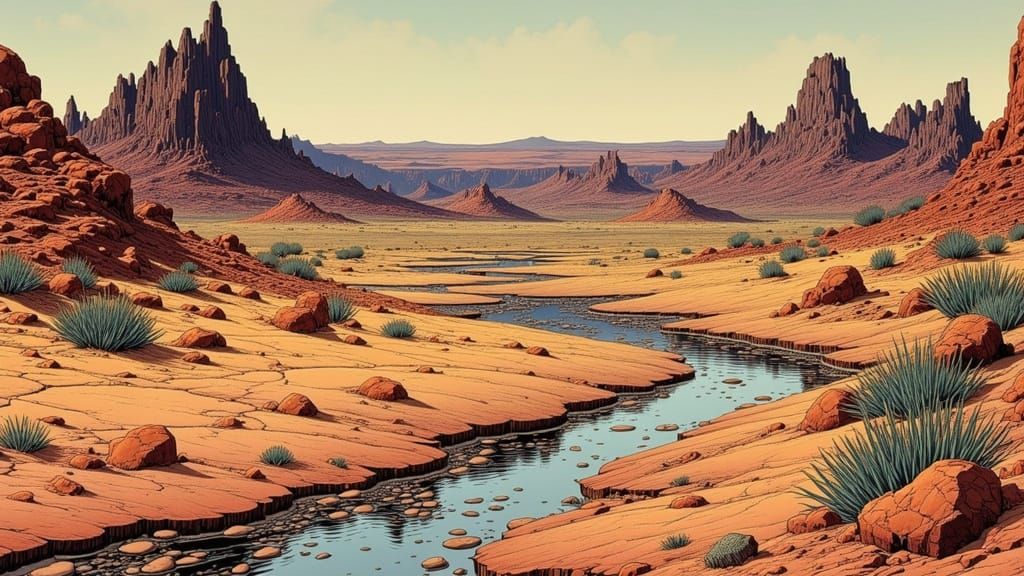 Desert Streambed with Glass Reeds, Sci-Fi Landscape