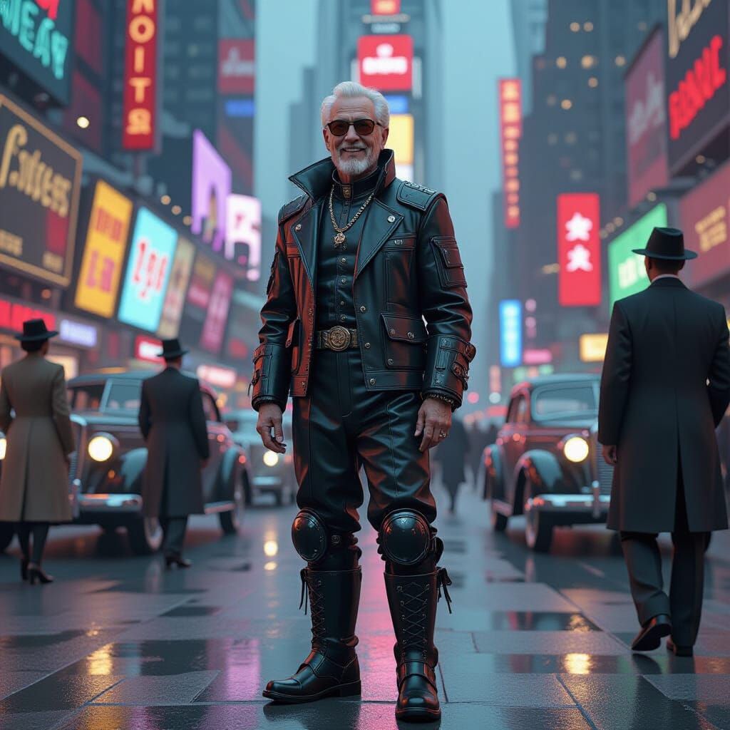 Elderly Man in Futuristic Attire in 1935 Times Square