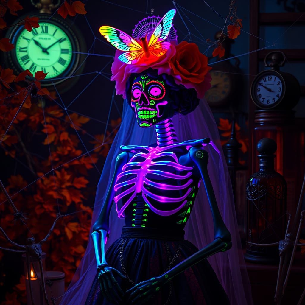 Fluorescent Catrina in Surreal Halloween Dreamscape