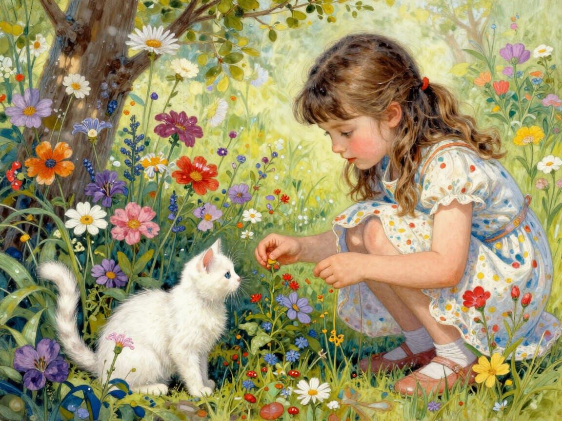 Girl and Kitten Picking Flowers in Storybook Style