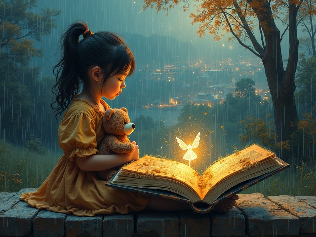 Young Girl with Pop-Up Book in Rainy Cityscape