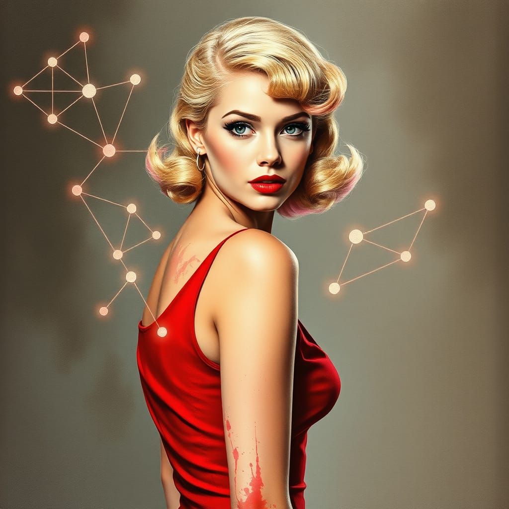 1950s Pin-Up with Neural Network Overlay in Watercolor Style