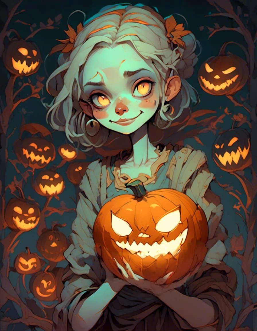 Smiling Mummy with Glowing Pumpkin in Inkpunk Style