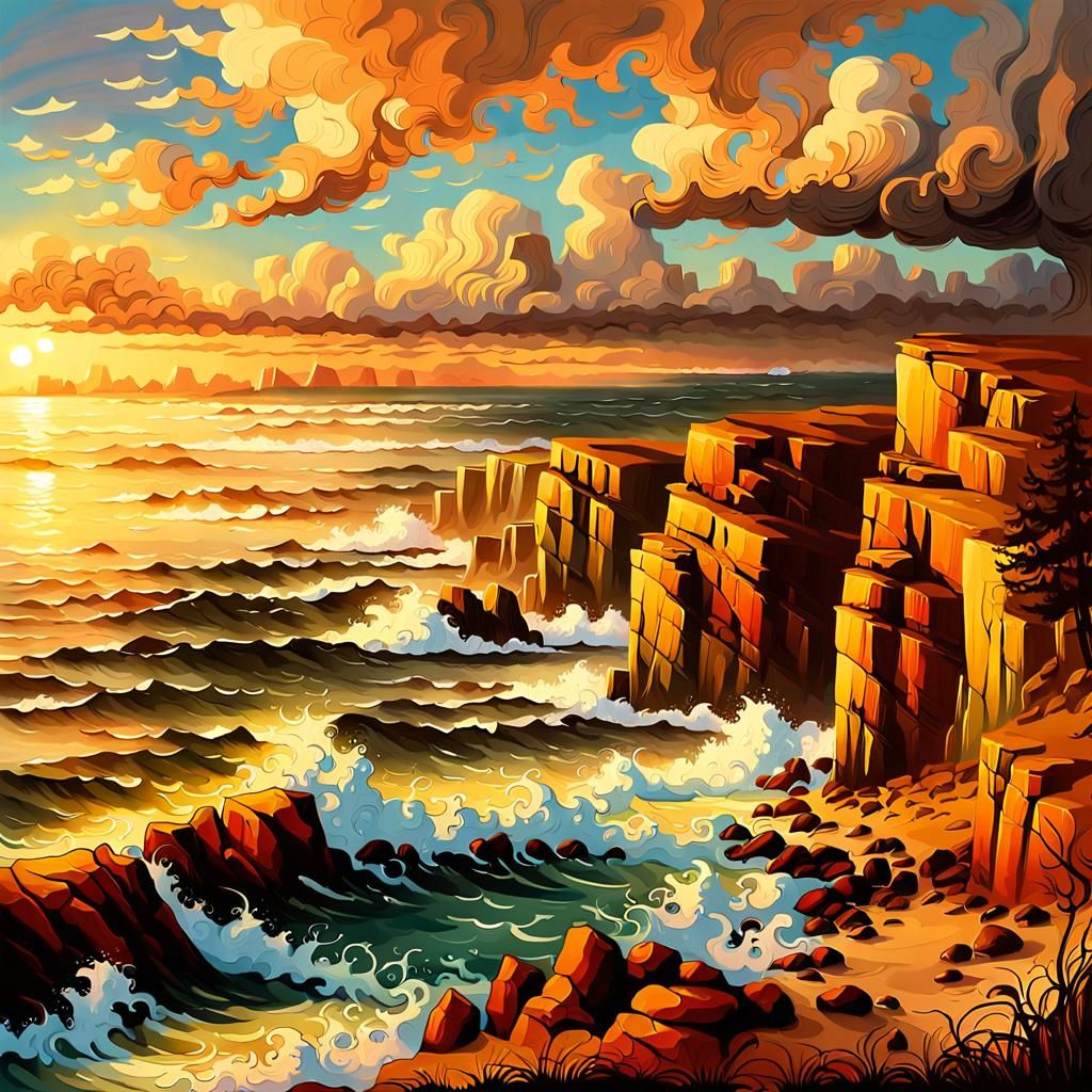 Dramatic Coastal Landscape in Oil Painting Style