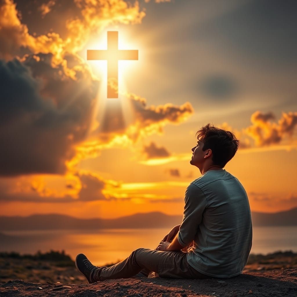 Contemplative Man Admiring Dramatic Sunset Sky