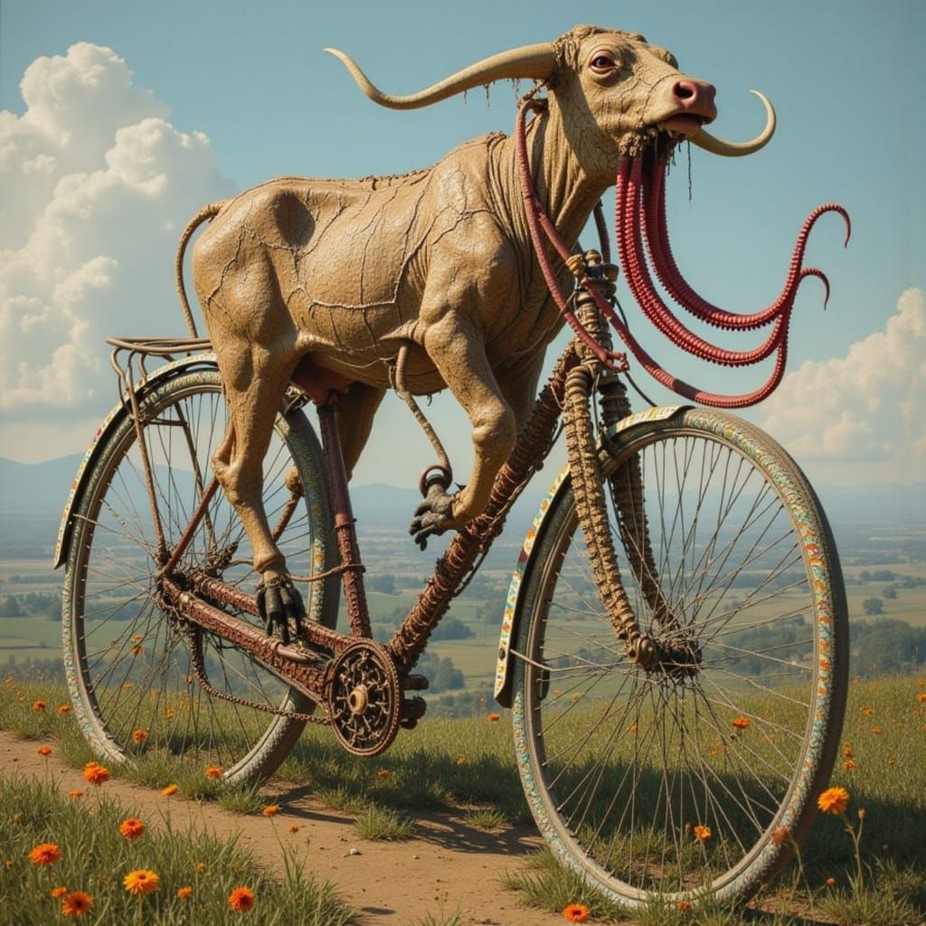 Surreal Cow Cyclist in Dürer Style