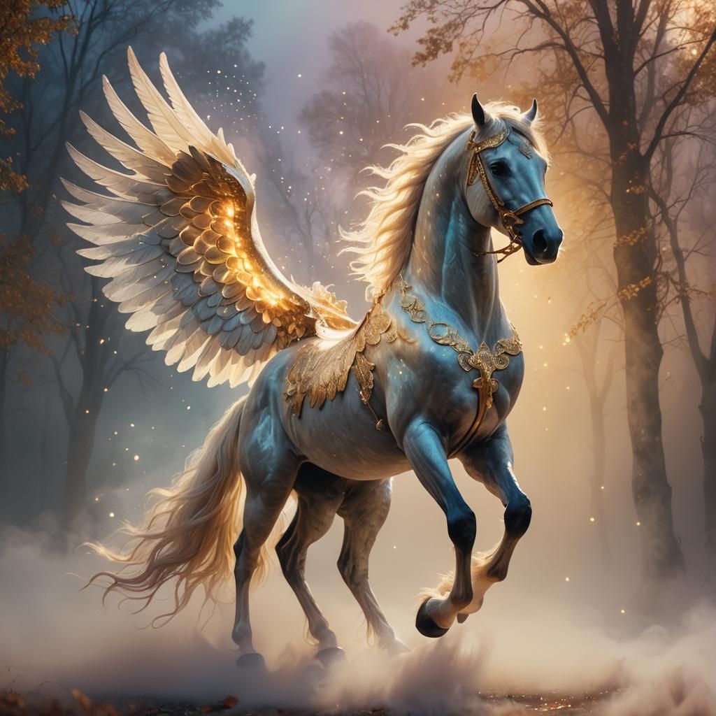 Winged Horse in Ethereal Golden Mist