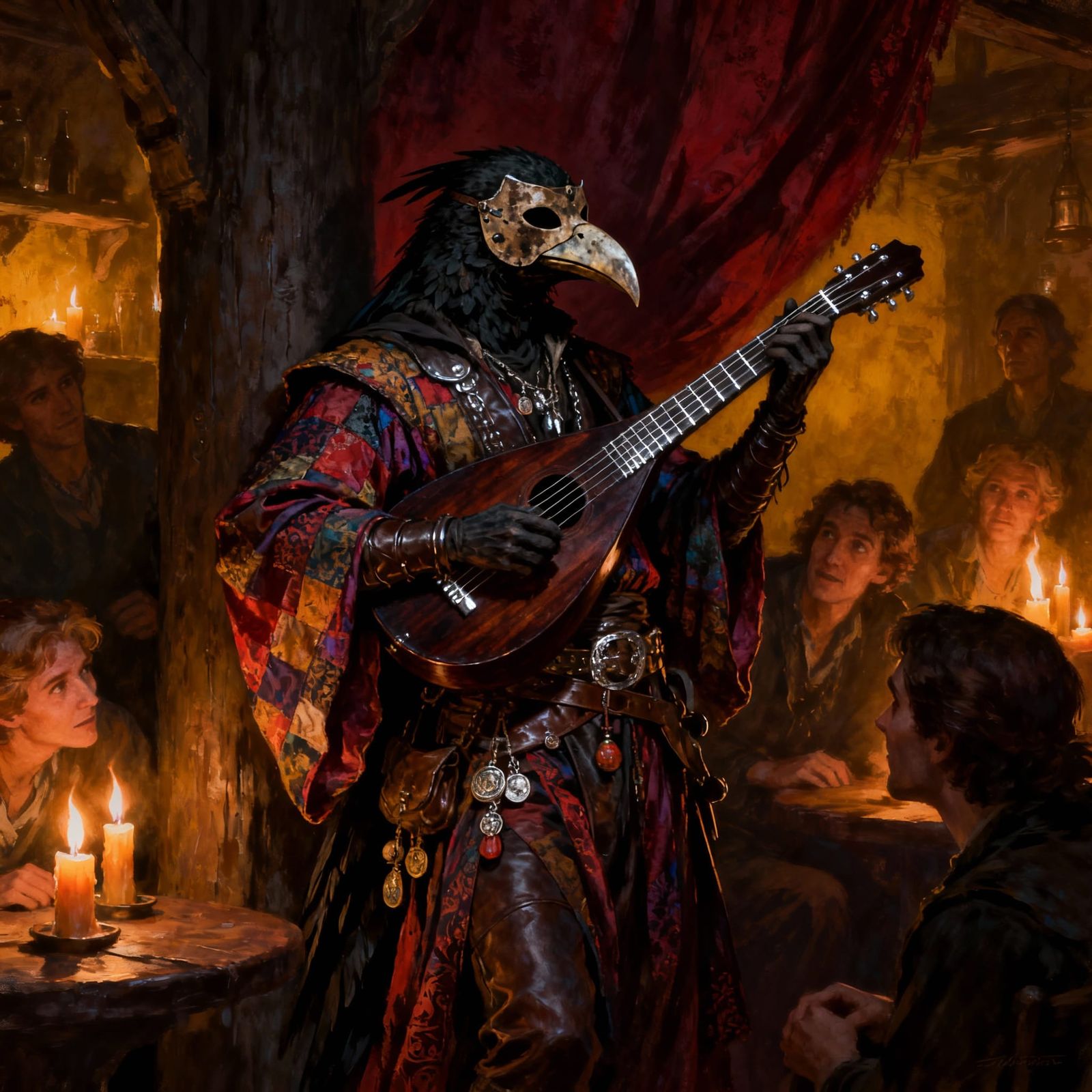 Mysterious Kenku Bard in Gothic Fantasy Tavern