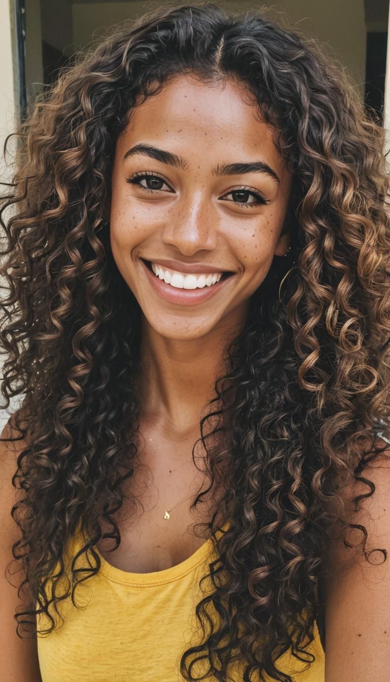 Smiling Latina with Curly Hair and Yellow Top