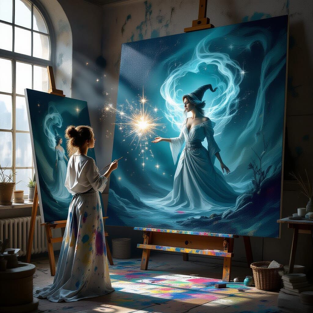 Magical Artist Conjuring Ethereal Self-Portrait