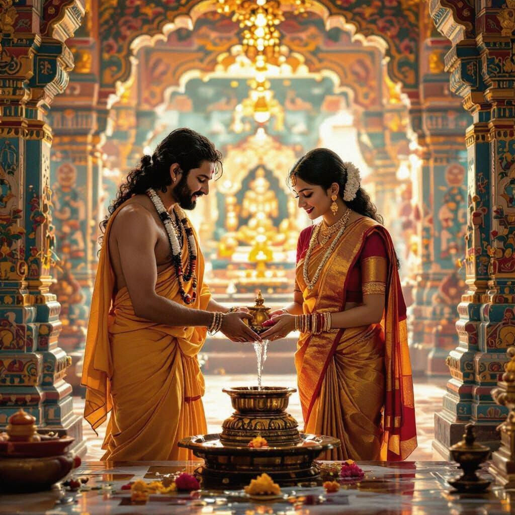 Hindu Temple Scene: Saffron Robe and Saree