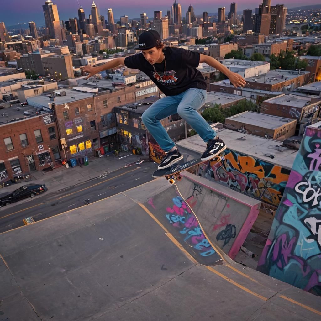Skateboarder Kickflip in Urban Hyperrealism