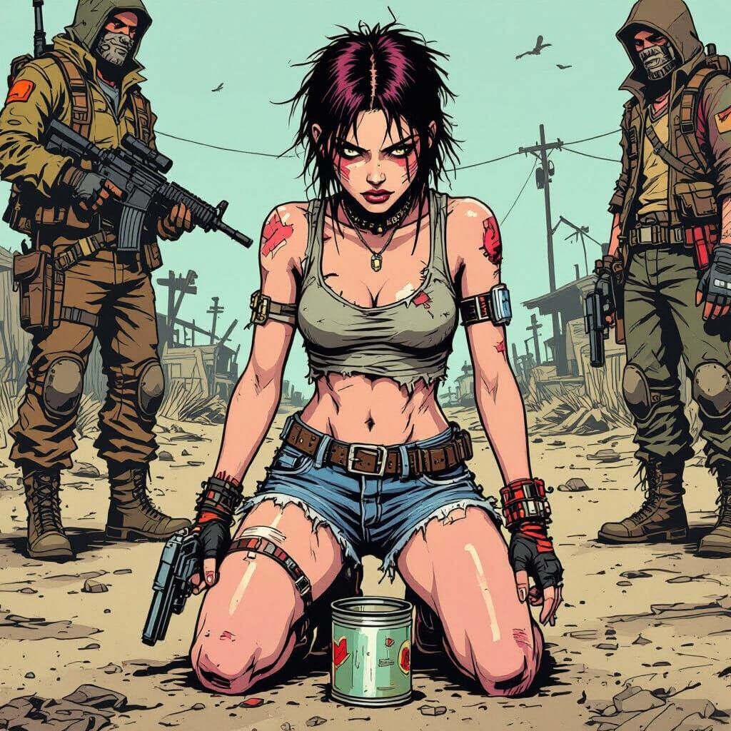 Post-Apocalyptic Punk Woman Begs Bandits for Water