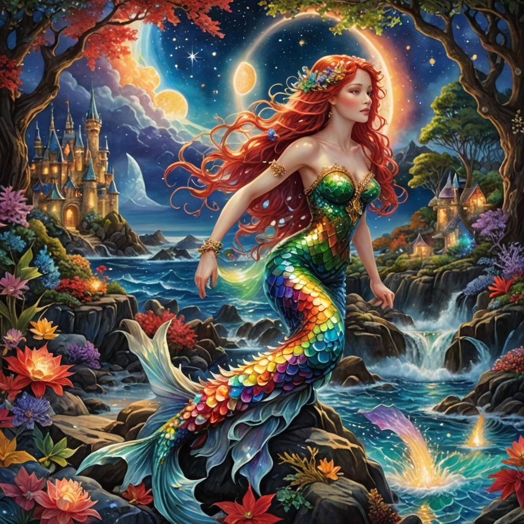 Ethereal Mermaid in Moonlight with Rainbow Scales