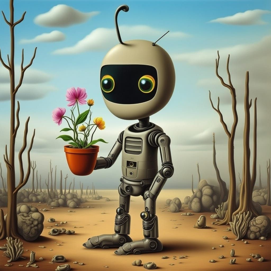 Cute Robot with Flowerpot in Apocalyptic Wasteland