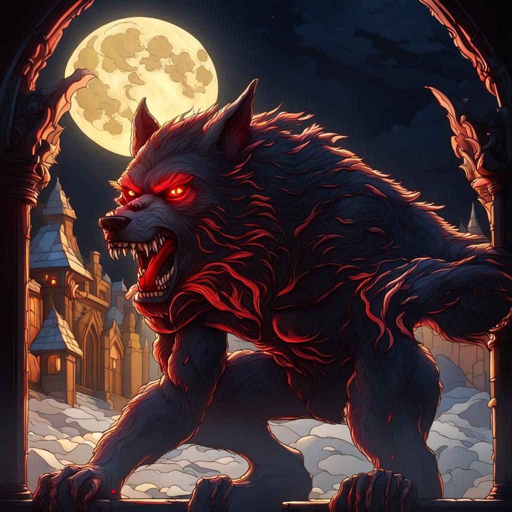 Stained Glass Werewolf Snarling at the Moon