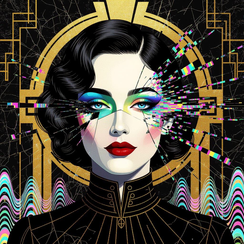 Neo-Deco Glitch Portrait in Graffiti Art Style