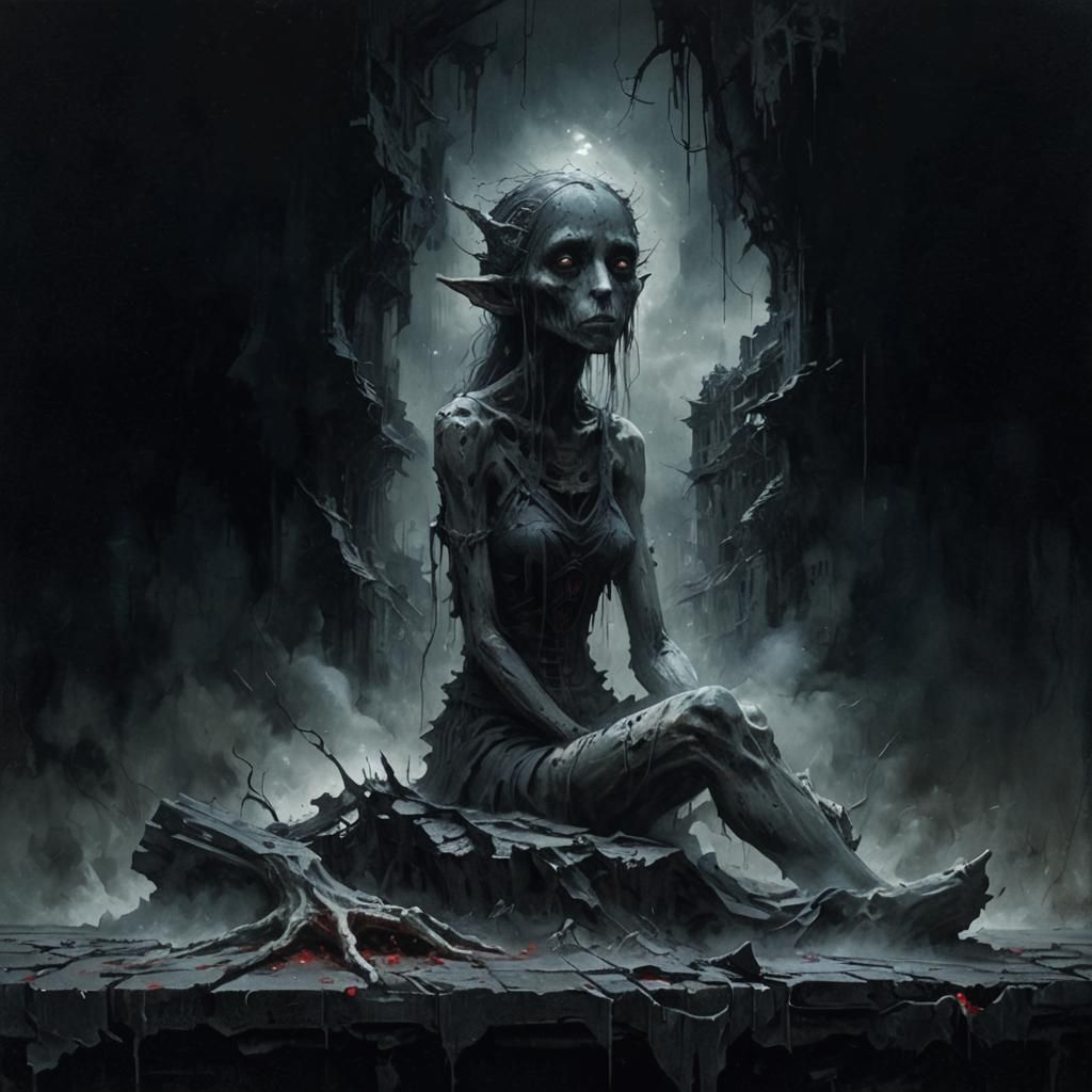 Horror Elf Girl in Brutalist, Beksiński-Inspired Art