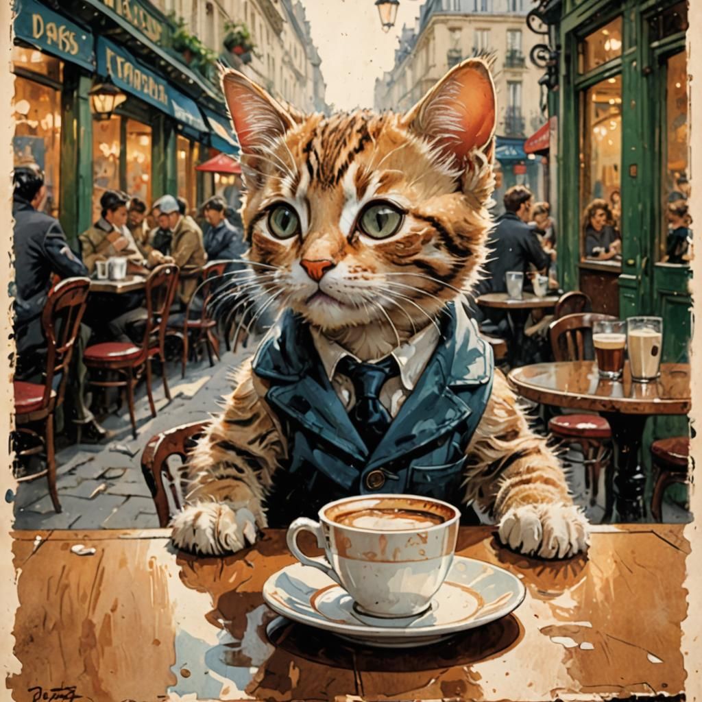 Kitten Drinks Coffee in Parisian Cafe, Comic Book