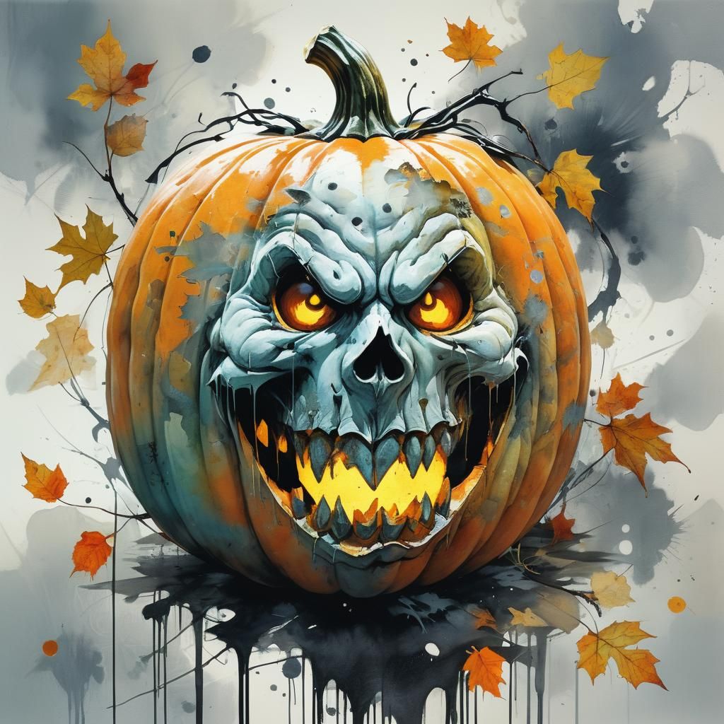 Halloween Pumpkin Portrait in Double Exposure Watercolor