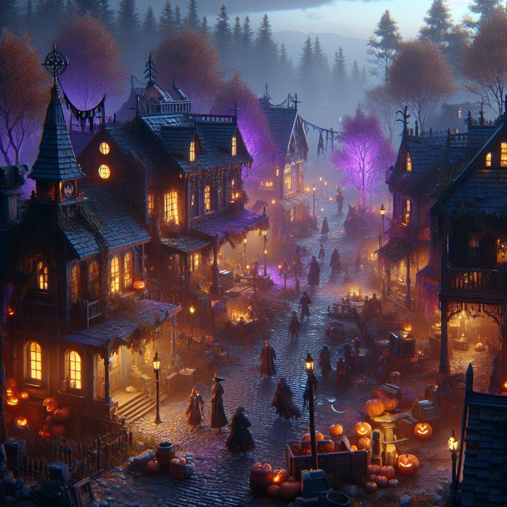Halloween Village at Dusk in Concept Art Style