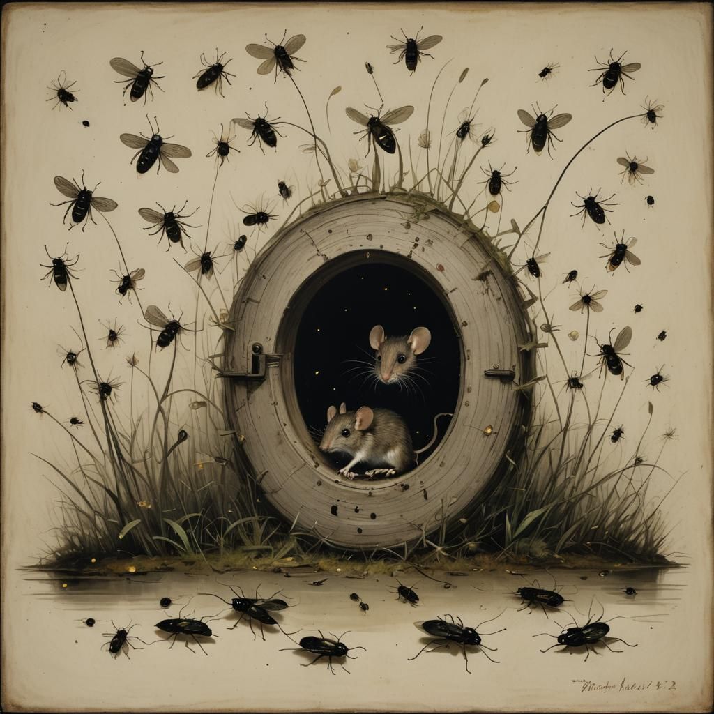 Mouse Hole Illuminated by Fireflies in Realist Style