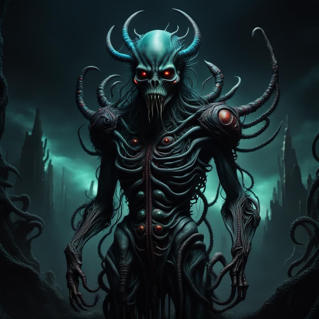 Grotesque Biomechanical Deadite in Dark Fantasy Style