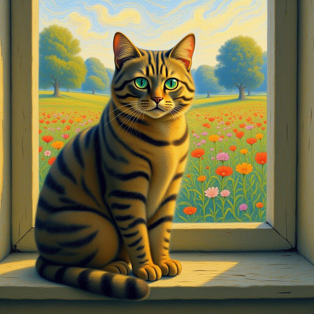 Tabby Cat Overlooking Meadow in Impressionistic Style