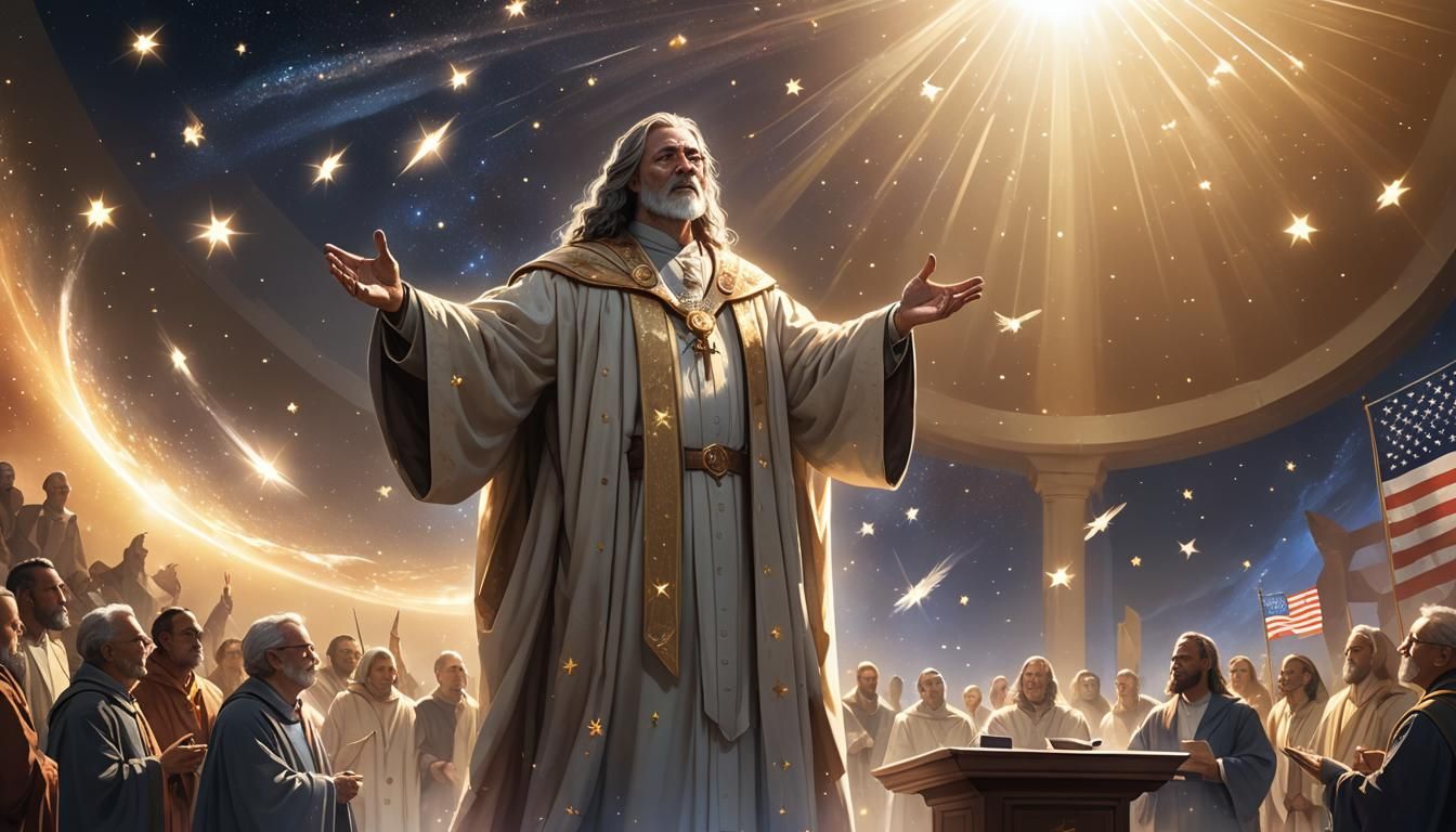 Futuristic Messiah Speaks to Crowd: Concept Art