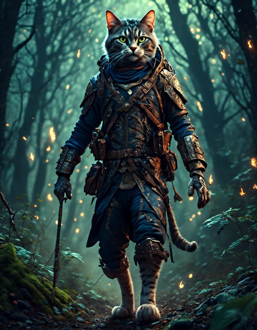 Heroic Cat Adventurer in Moonlit Forest
