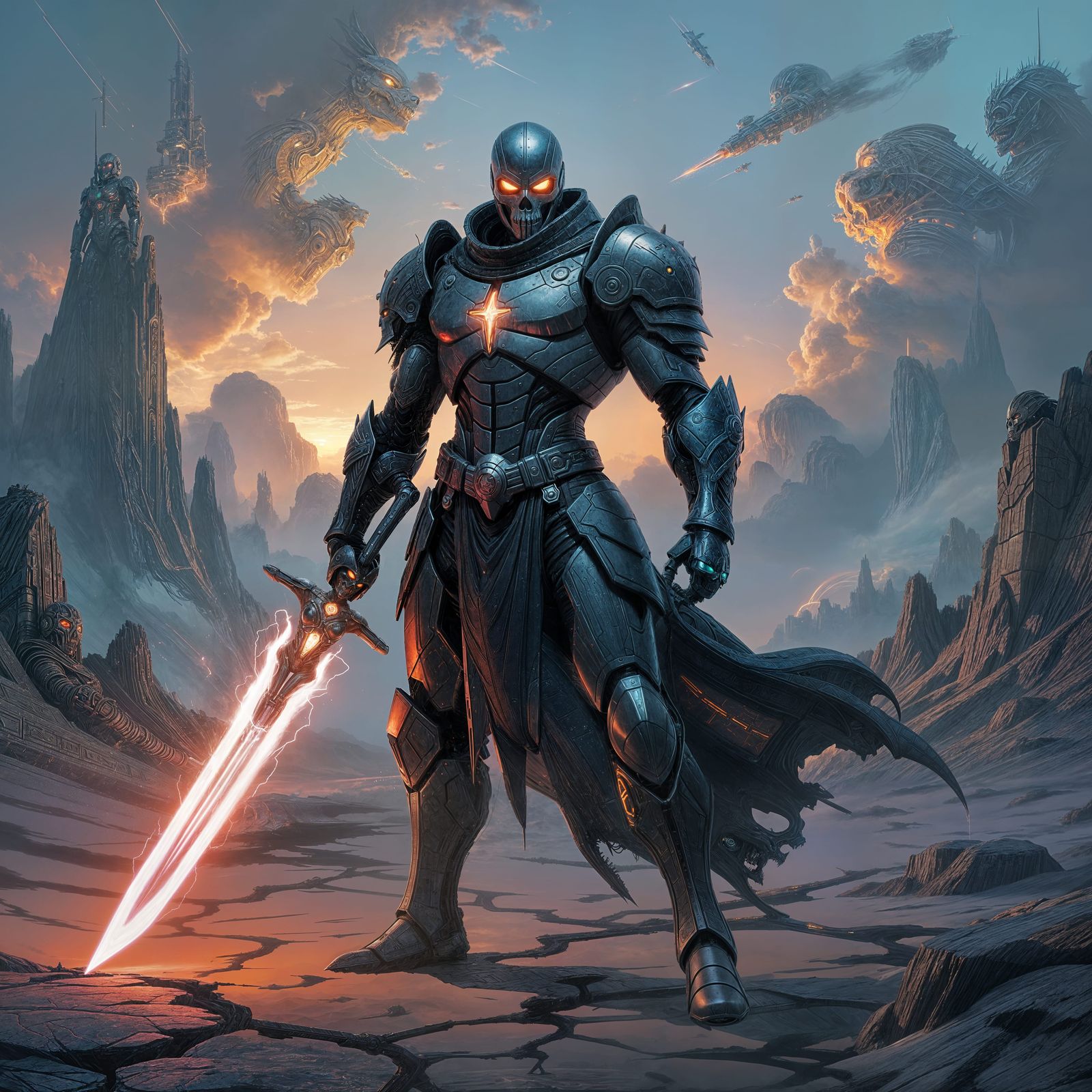 Android Warrior on Surreal Landscape in Airbrush Style