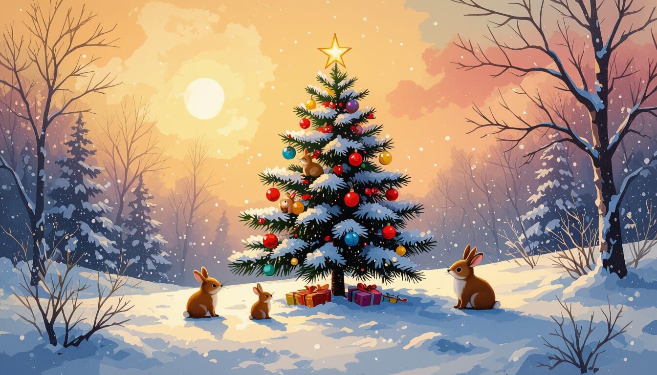 Cute Animals Decorate Christmas Tree in Snowy Landscape