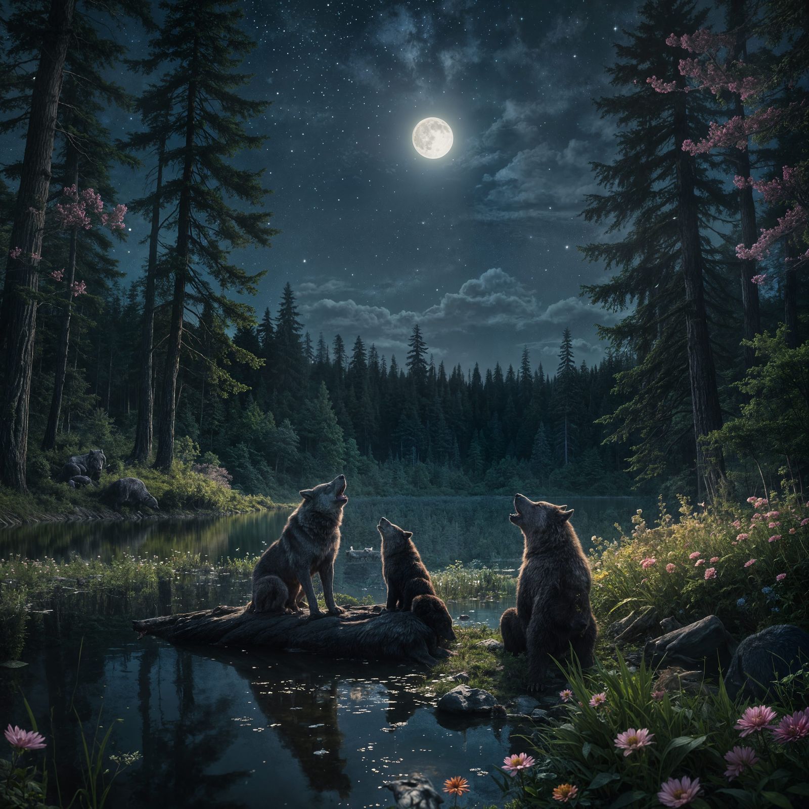 Wolf and Bear by Forest Lake Under Moonlight